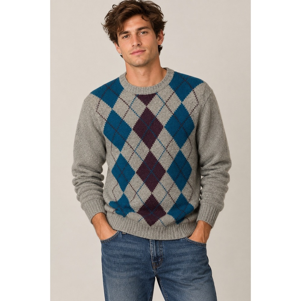John Ashford Gray Argyle Shetland 100% Wool Crewneck Sweater, Medium
